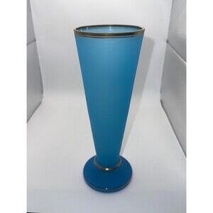 Antique 19th Century French Blue Opaline Glass Vase with Gold Gilt Rim